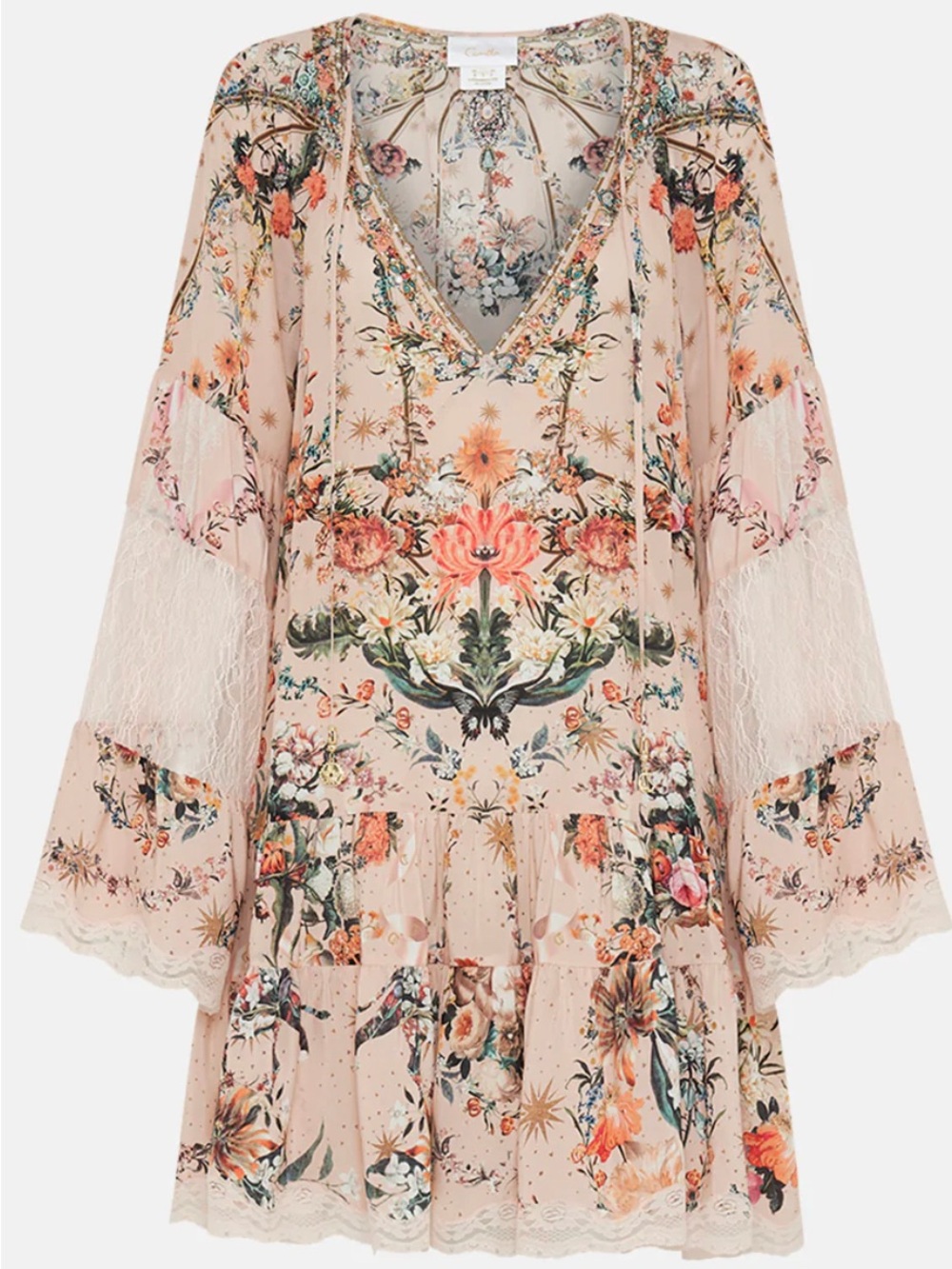 Camilla Floral Lace-Panel Mini Dress in Blush Pink